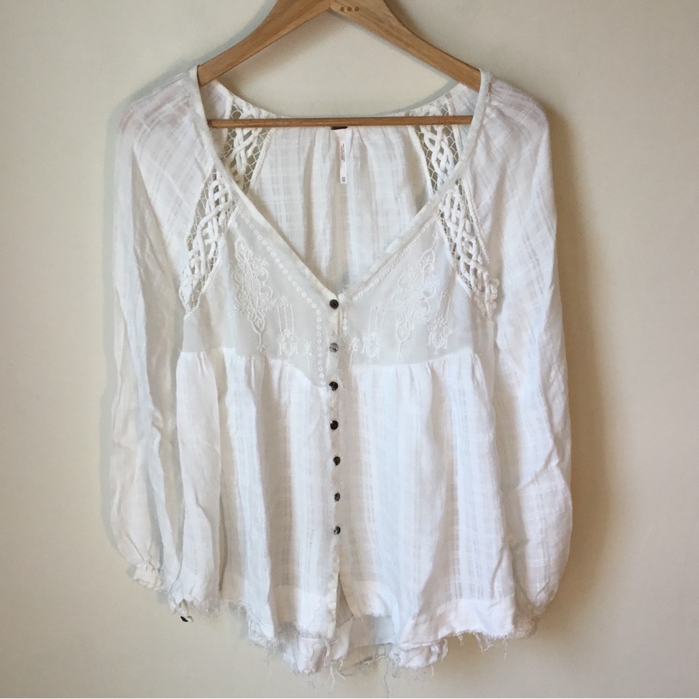 Free People Distressed Flowy Embroidered Long Sleeve Shirt